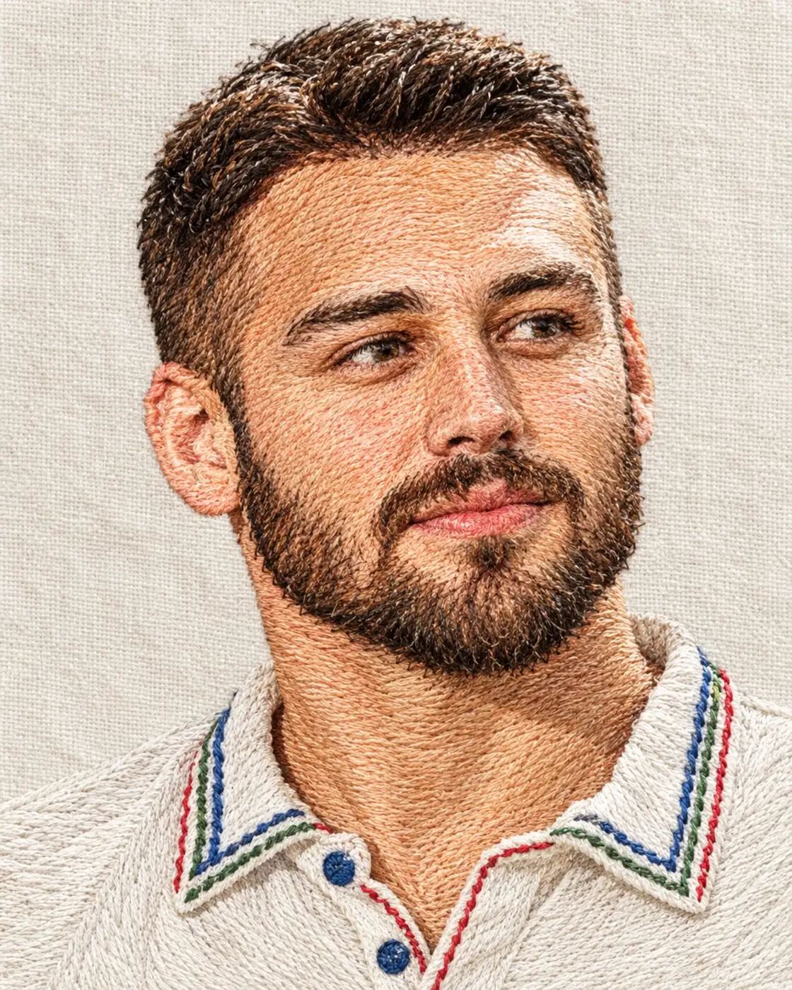 AI Photo Prompt: Highly detailed photorealistic AI image of a bearded man's portrait created entirely from intricate embroidery and stitched thread art on an off-white fabric background.