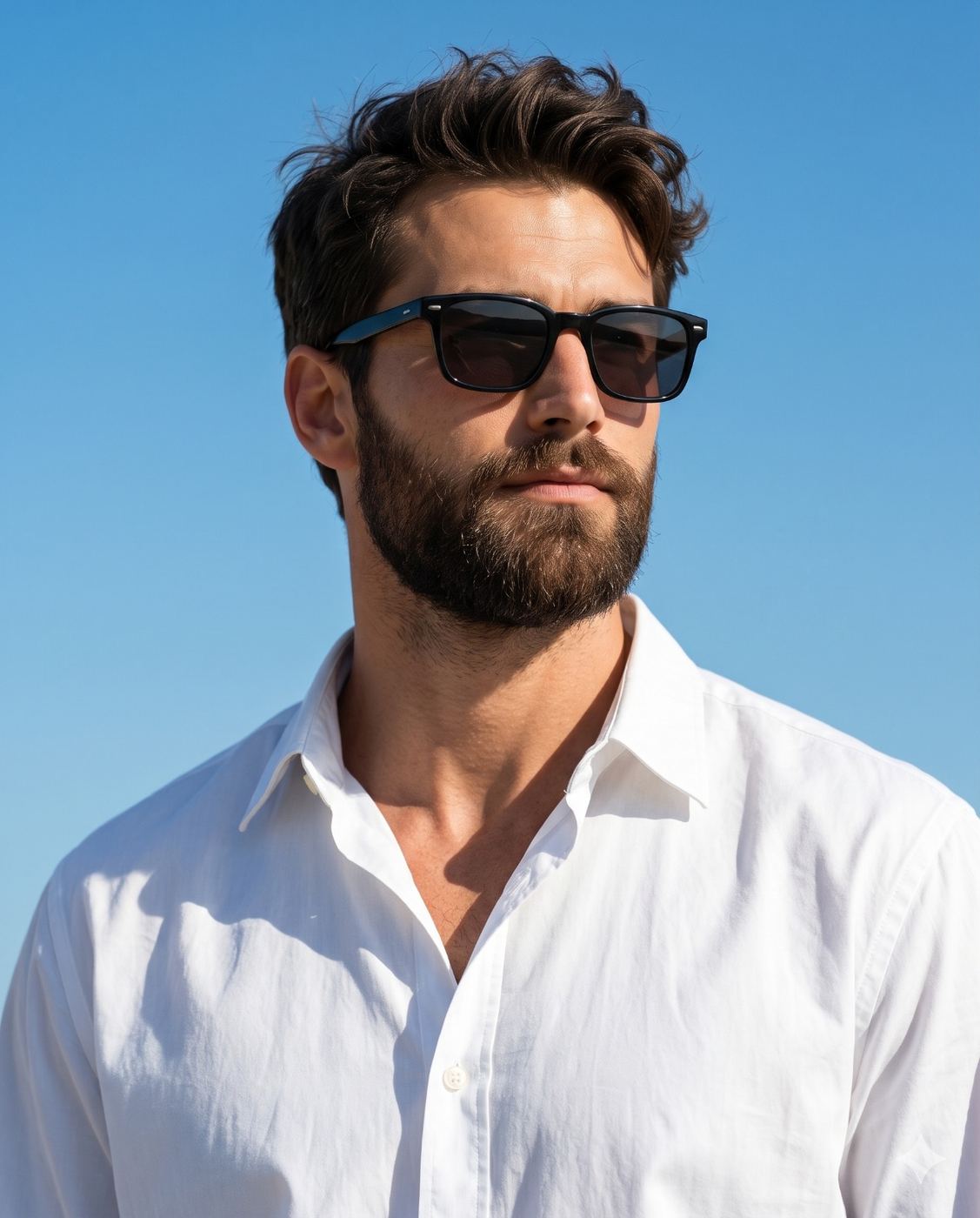 Bearded Man in Sunglasses Outdoor Portrait AI Photo Editing Prompt. AI generated outdoor portrait of a handsome bearded man wearing stylish black sunglasses and an open-collar white shirt against a clear blue sky.