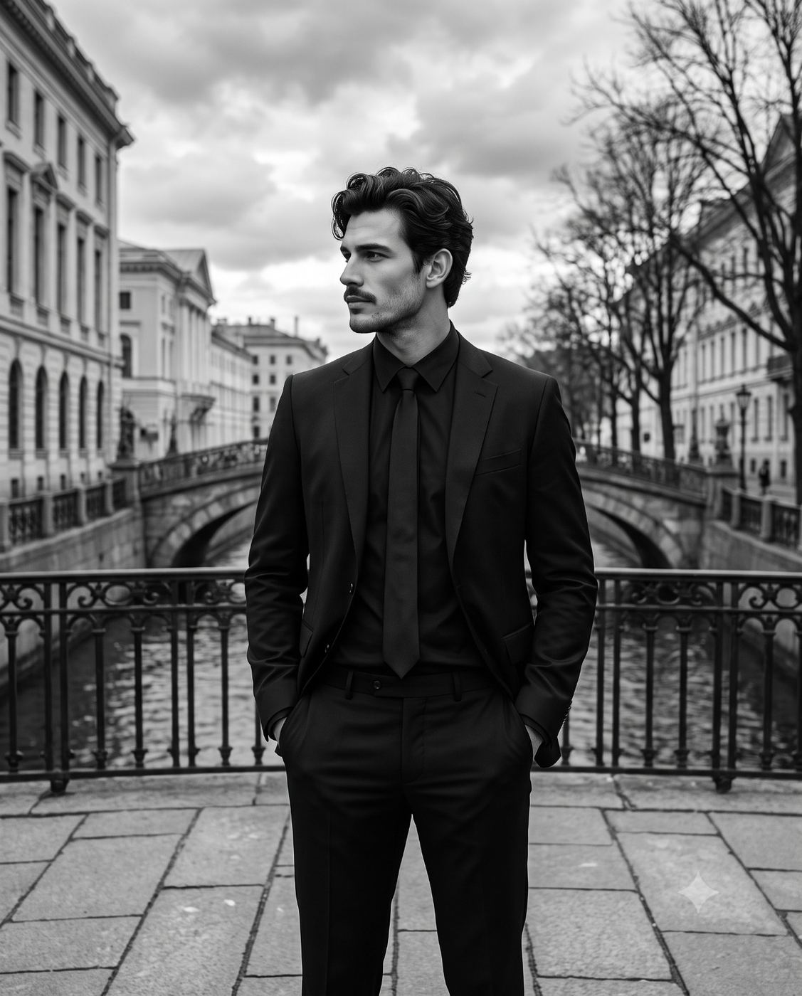Man in Black Suit Monochrome Fashion Portrait AI Photo Editing Prompt. AI generated black and white portrait of a stylish man with a mustache wearing an all-black suit standing on a city bridge.