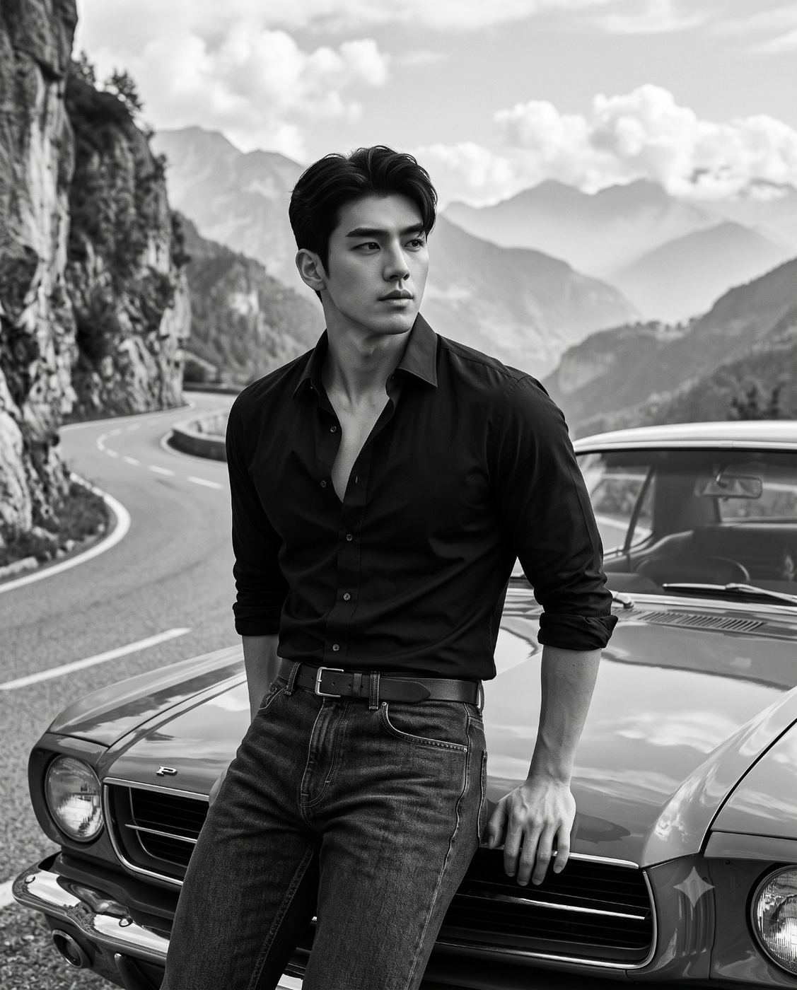 Black and White Vintage Car Male Portrait AI Photo Editing Prompt. AI generated cinematic monochrome portrait of a handsome Asian man in a black button-down shirt leaning against a classic car on a winding mountain road.
