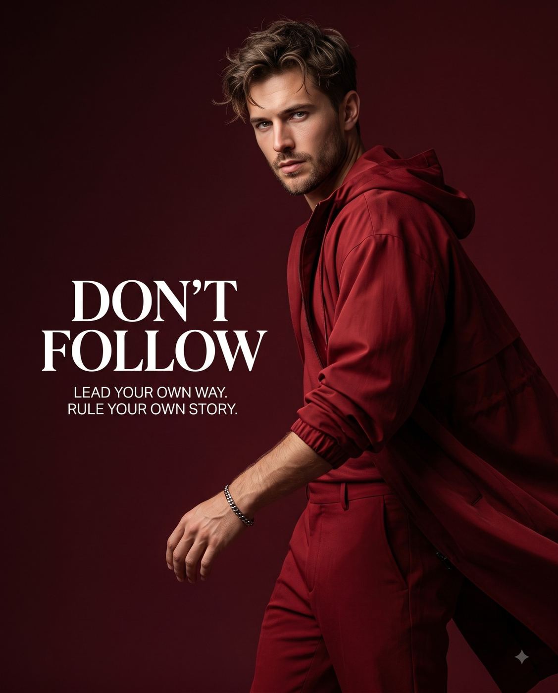Man in Red in Studio Portrait AI Photo Editing Prompt. AI generated studio portrait of a man in a red outfit looking back, featuring large 'DON'T FOLLOW' text and smaller motivational phrases.