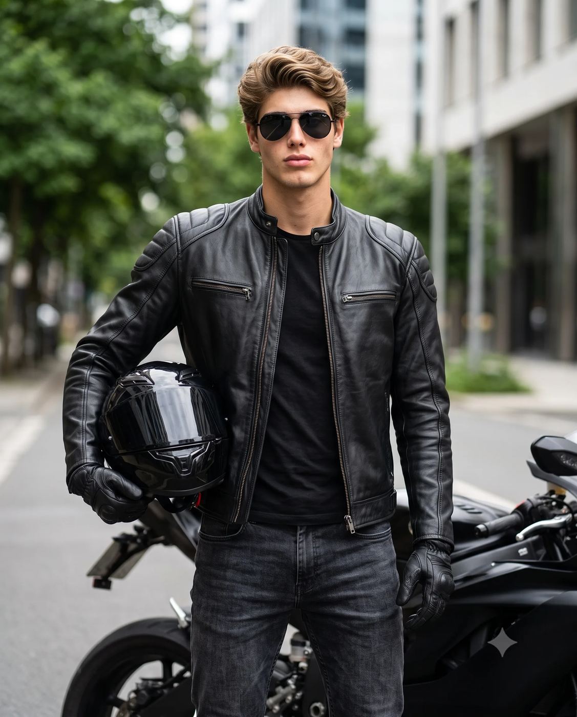Urban Biker Portrait AI Photo Editing Prompt. AI generated hyper-realistic portrait of a handsome man in a black leather jacket and aviator sunglasses holding a motorcycle helmet on a city street.