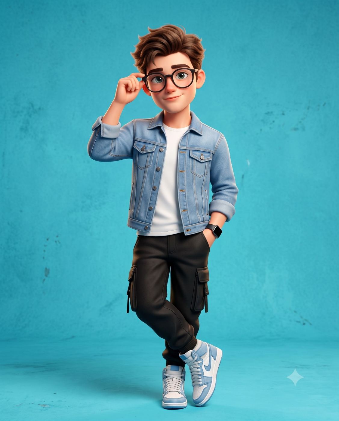 3D Cartoon Boy in Denim Jacket Illustration AI Photo Editing Prompt. AI generated 3D illustration of a stylish boy wearing glasses, a denim jacket, and black cargo pants against a blue background.   