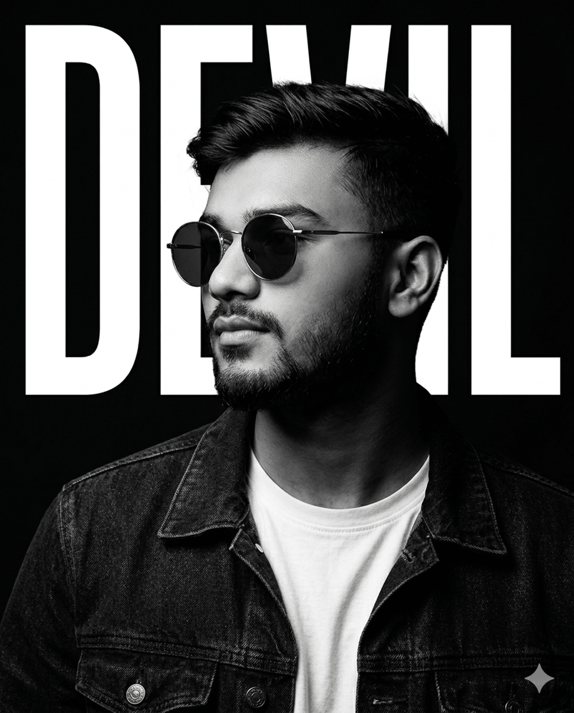 Black and White Typography Portrait AI Photo Editing Prompt. AI-generated studio portrait with bold graphic text featuring a bearded man in round sunglasses and a denim jacket, looking left with the large white word 'DEVIL' centered behind him.