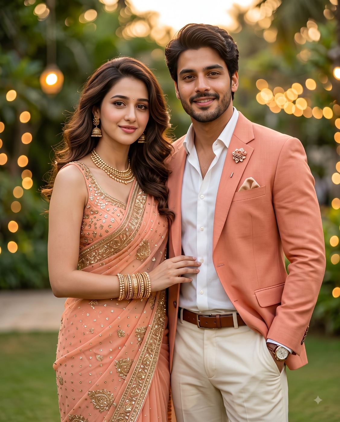 Indian Couple in Peach Attire Portrait AI Photo Editing Prompt. AI generated romantic couple portrait of a woman in an embellished peach saree and a man in a peach blazer, posed together outdoors with warm golden bokeh lighting.