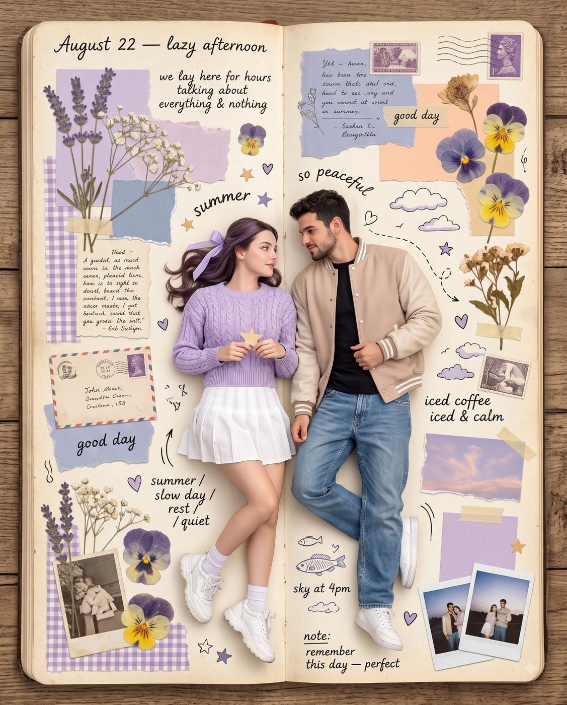 Couple relaxing on a vintage floral scrapbook page mixed media illustration AI Photo Editing Prompt. AI generated digital illustration of a young boy and girl with purple hair lying on an aesthetic journal page surrounded by pressed flowers, vintage stamps, torn paper, and handwritten notes.