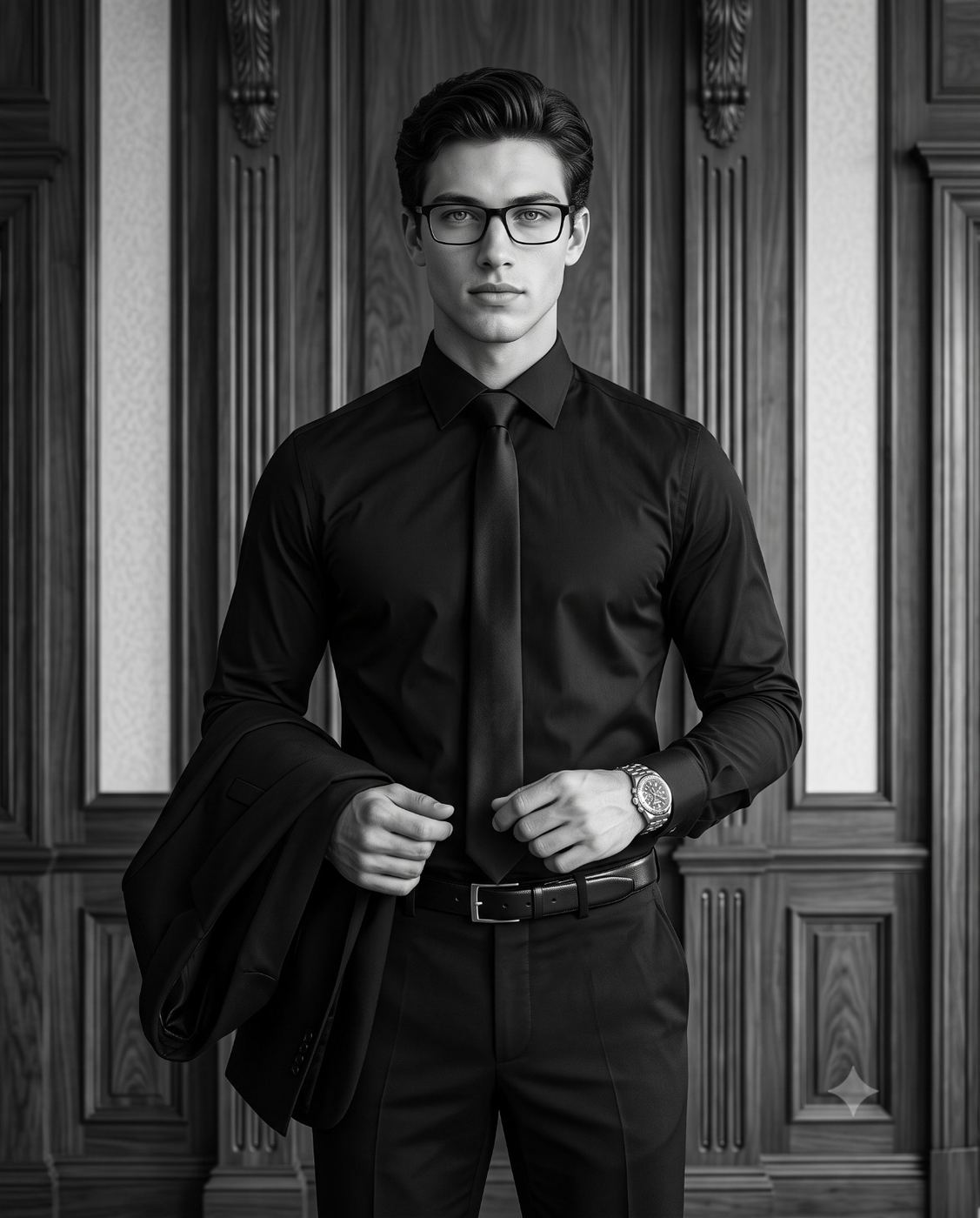 Sharp-Dressed Man with Glasses B&W Portrait AI Photo Editing Prompt. AI generated photorealistic studio portrait of a confident young man in an all-black suit with glasses, holding a jacket and adjusting a silver wristwatch before ornate wood paneling.