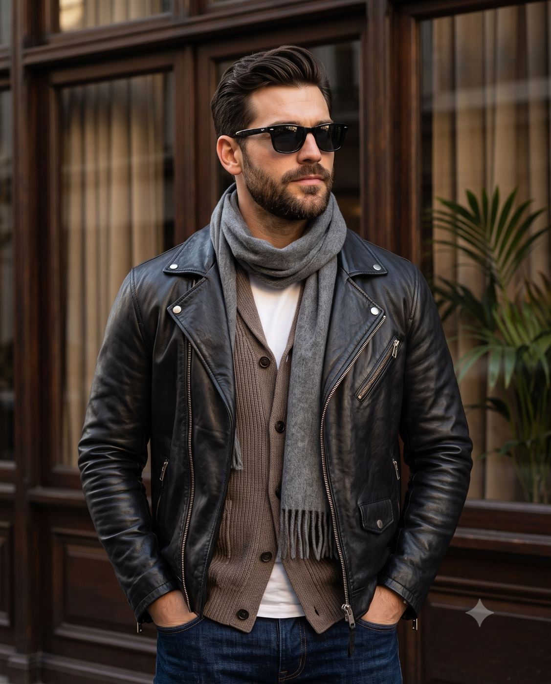 Stylish Man in Leather Jacket and Scarf AI Photo Editing Prompt. AI generated urban portrait of a handsome bearded man wearing sunglasses, a black leather jacket, and a gray scarf standing outdoors.