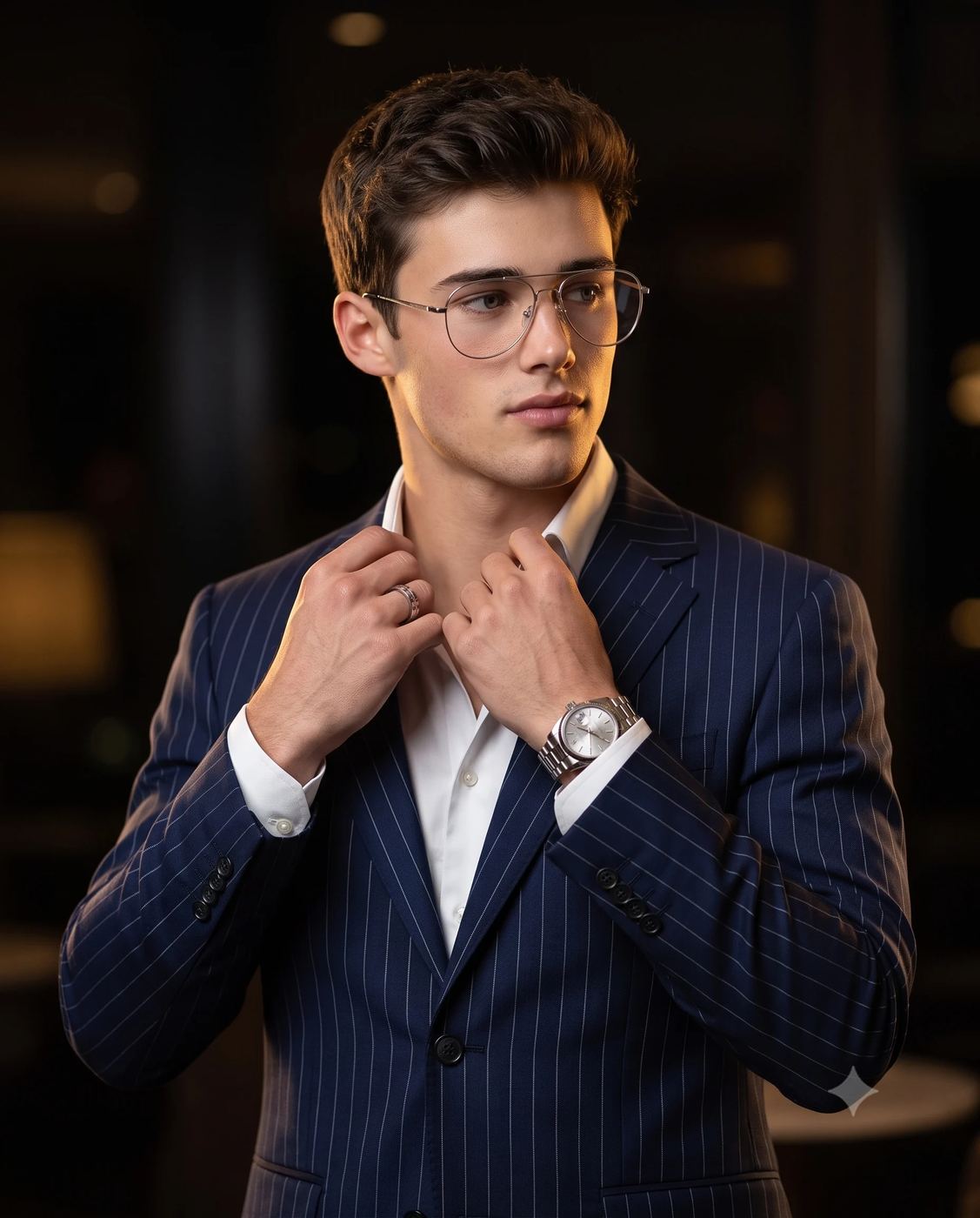 AI generated portrait of a young man in a navy pinstripe suit and wire-rimmed glasses, adjusting his collar against a dark, blurred background.