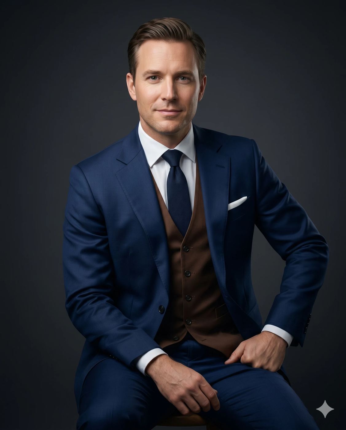 Man in Navy Suit AI Photo Editing Prompt. AI generated studio portrait of a seated professional man wearing a blue suit, brown vest, and tie against a dark gray background.