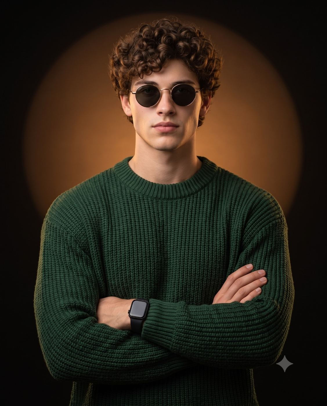 Curly-Haired Man in Green Sweater and Sunglasses AI Photo Editing Prompt. AI generated studio portrait of a young man with curly brown hair and round sunglasses, wearing a forest green ribbed knit sweater, with crossed arms and a black smartwatch.