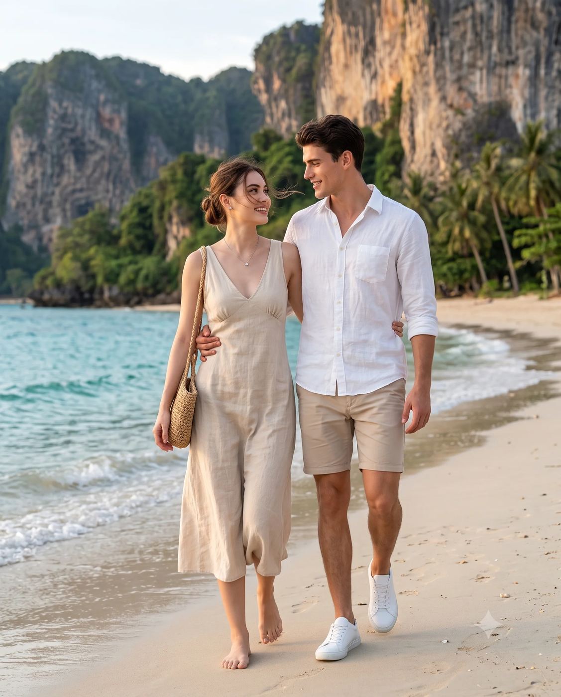 Romantic Beach Couple Photography AI Photo Editing Prompt. AI generated photorealistic portrait of a smiling young couple strolling barefoot on a sandy tropical beach near turquoise water and limestone cliffs.
