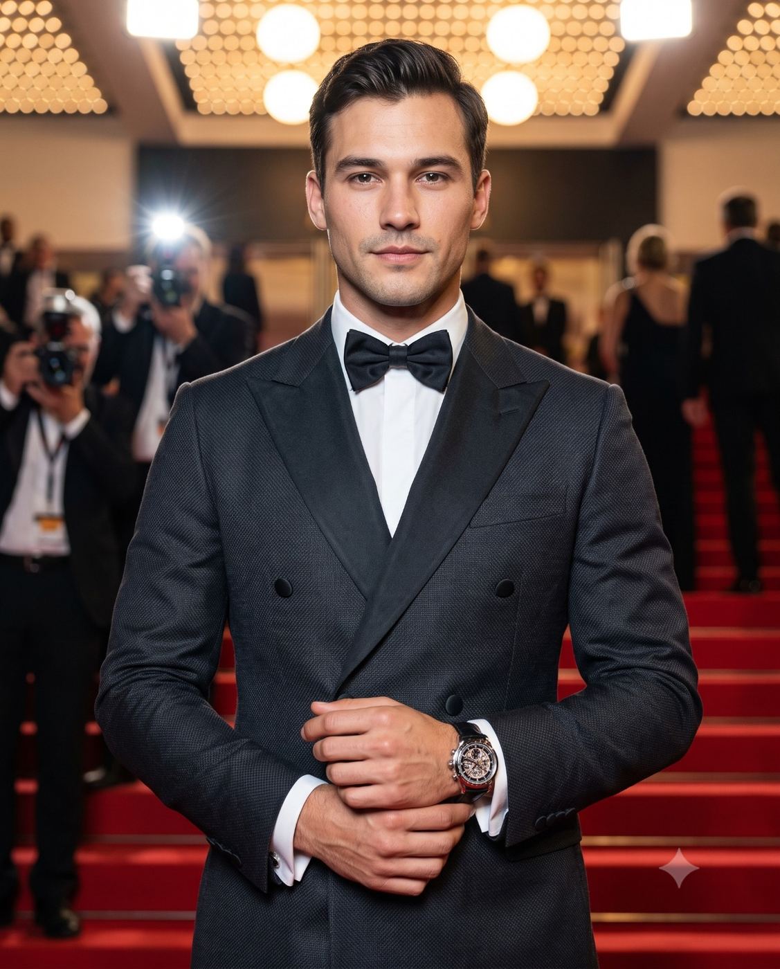 Handsome man in tuxedo red carpet portrait AI Photo Editing Prompt. AI generated cinematic portrait of a stylish man wearing a black double-breasted tuxedo and bowtie, posing on a red carpet with paparazzi flashes in the background.