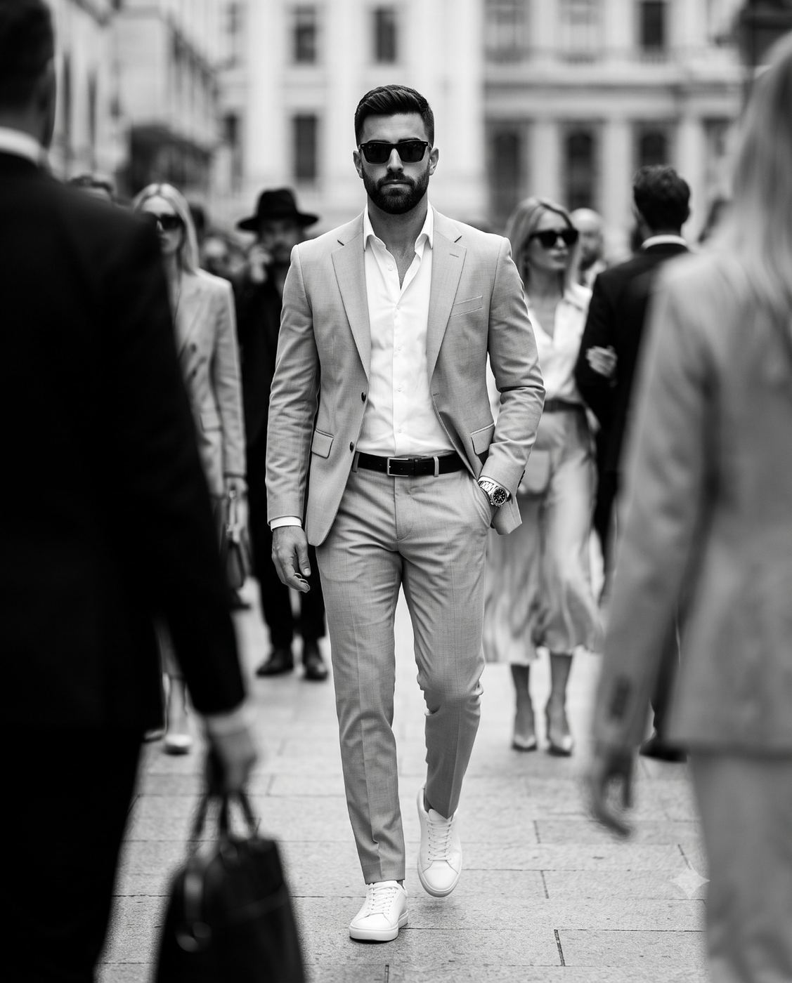 Stylish Man Walking in City B&W AI Photo Editing Prompt. AI generated street portrait of a bearded man in a suit and sunglasses walking confidently in a crowd.