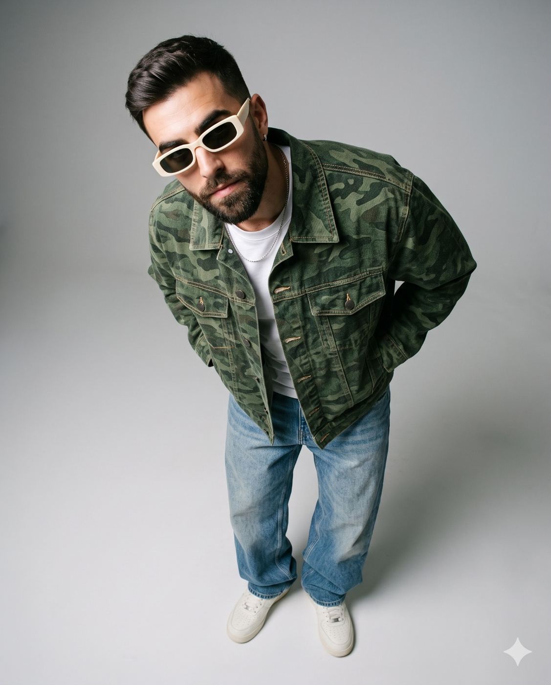 Streetwear Male Portrait AI Photo Editing Prompt. AI generated studio portrait of a trendy bearded man wearing a camouflage denim jacket, retro white sunglasses, and baggy jeans captured from a high-angle perspective.