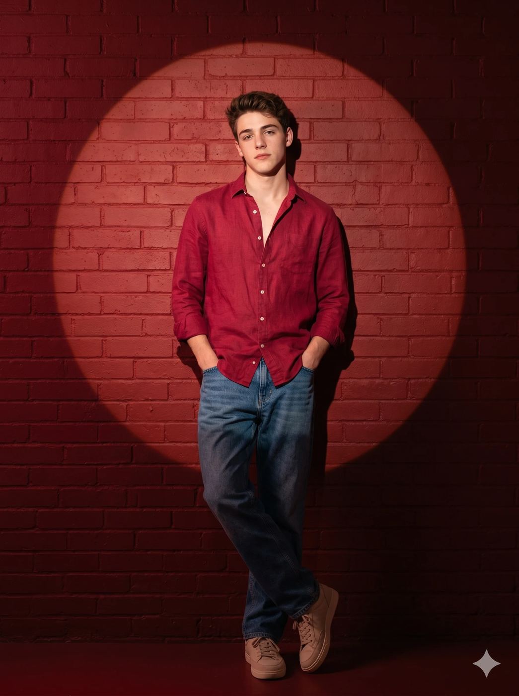 Men's Casual Fashion AI Photo Editing Prompt. AI generated studio portrait of a young man in a red linen shirt and jeans leaning against a brick wall within a circular spotlight.