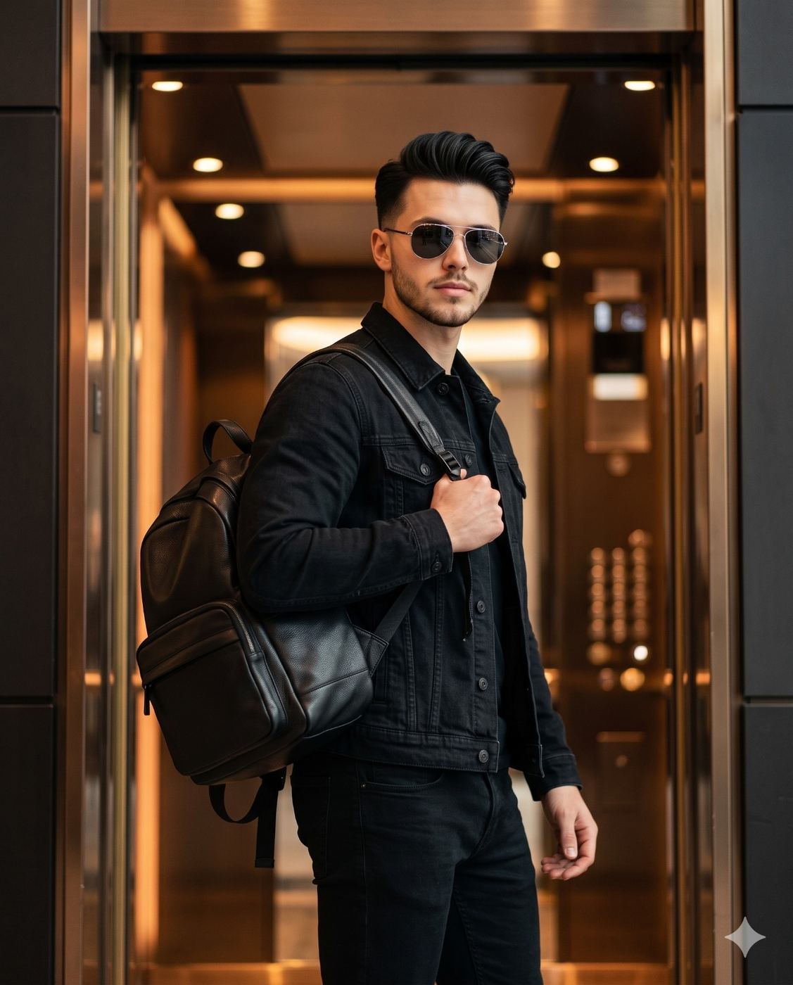 Stylish Man in Elevator Fashion Portrait AI Photo Editing Prompt. AI generated cinematic portrait of a young man wearing a black denim jacket and sunglasses, holding a leather backpack inside a modern elevator.