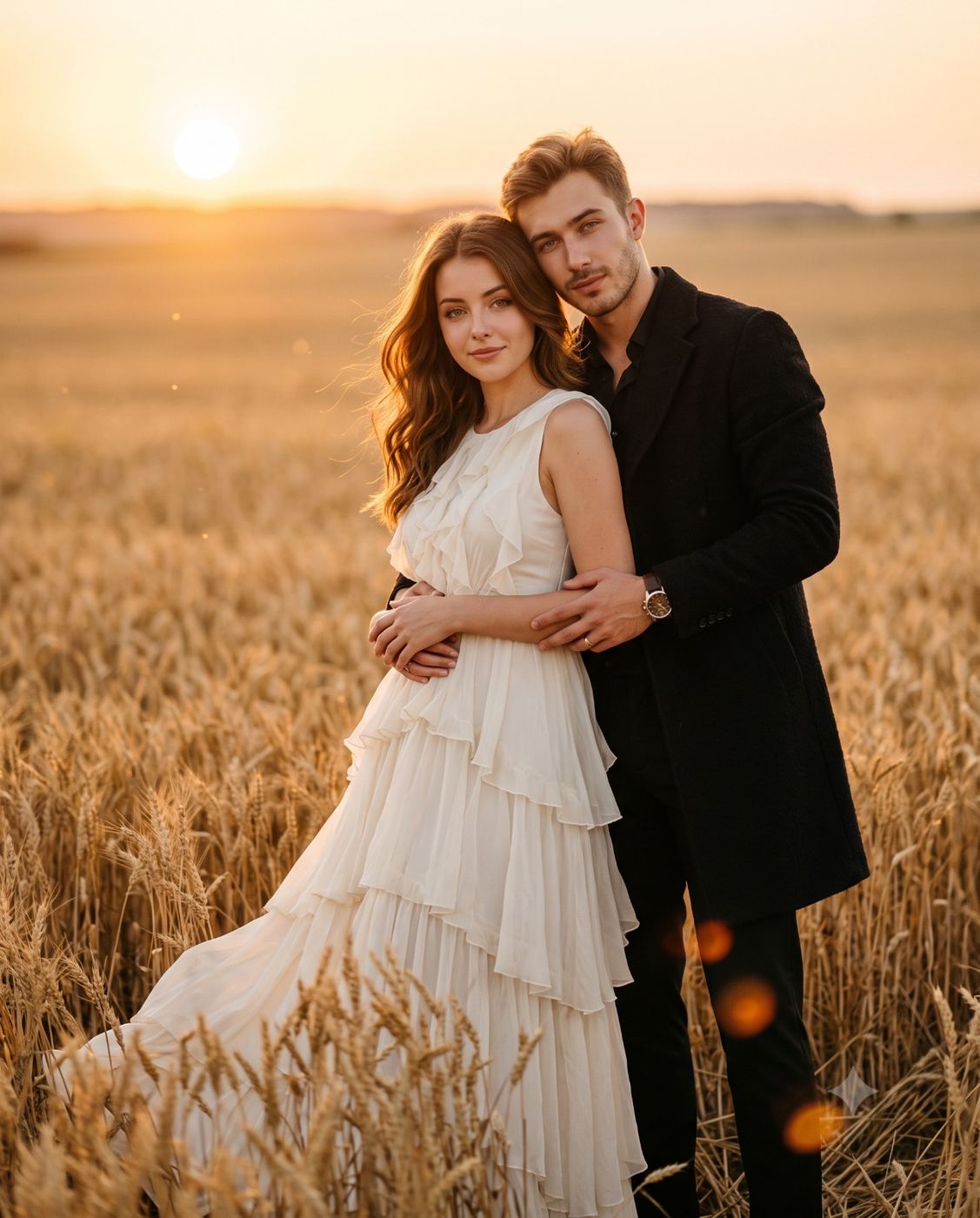 Romantic Couple Golden Hour Field Portrait AI Photo Editing Prompt. AI generated romantic portrait of an elegant couple embracing in a wheat field at sunset, featuring a woman in a white dress and a man in a black coat.