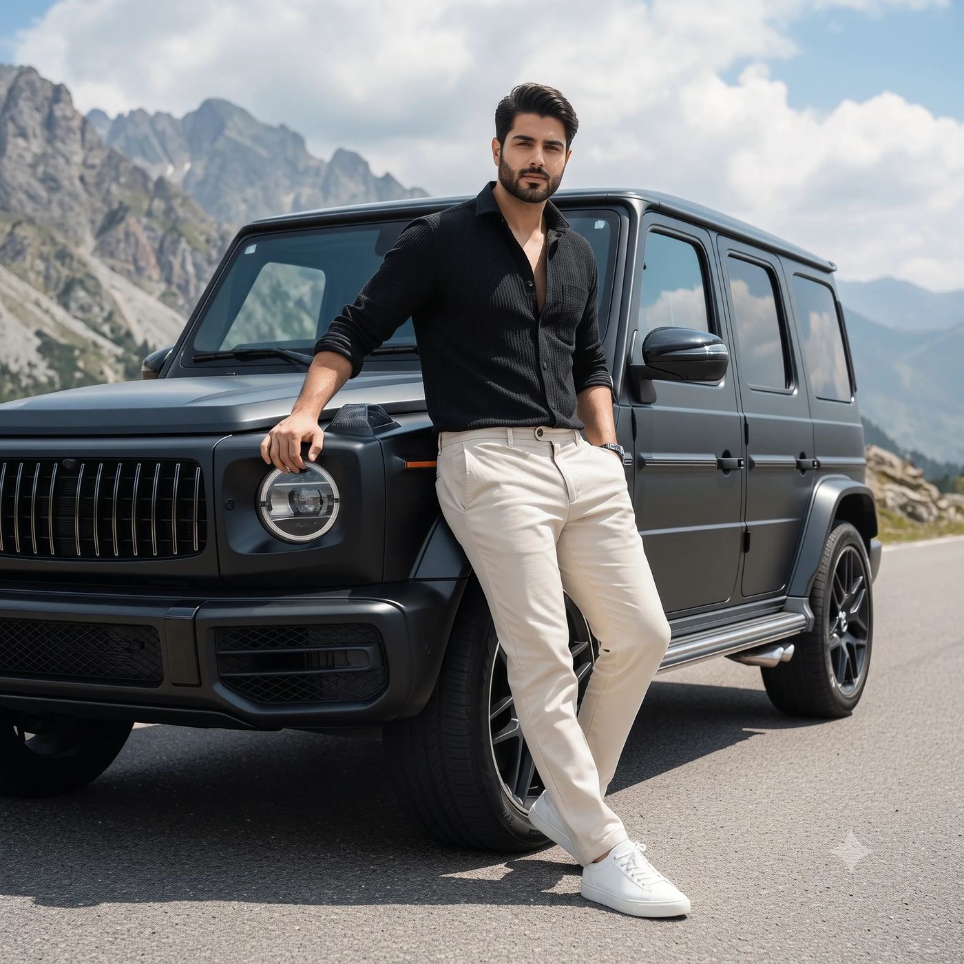 Ai generated image: portrait of a stylish young man leaning casually against a luxurious matte black Mercedes G-Wagon SUV, parked on an open road with a dramatic mountain range and blue sky with scattered clouds in the background
