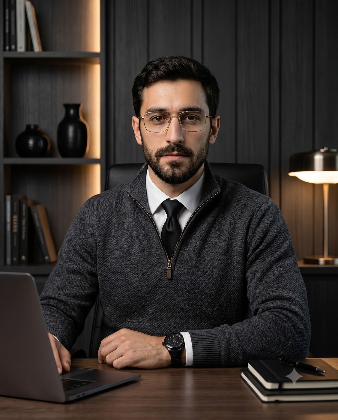 Businessman at Office Desk with Laptop AI Photo Editing Prompt. AI generated corporate portrait of a bearded man in a grey zip sweater and black tie sitting at a wooden desk with a laptop in a modern dark-paneled office.