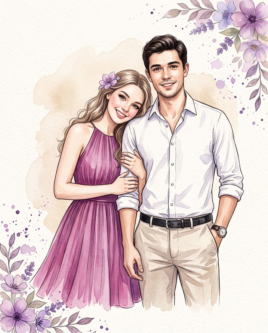 Watercolor Couple Illustration AI Photo Editing Prompt. AI generated watercolor painting and digital illustration of a smiling couple, with the woman in a purple halter dress leaning on the man in a white rolled-sleeve shirt and khaki trousers.