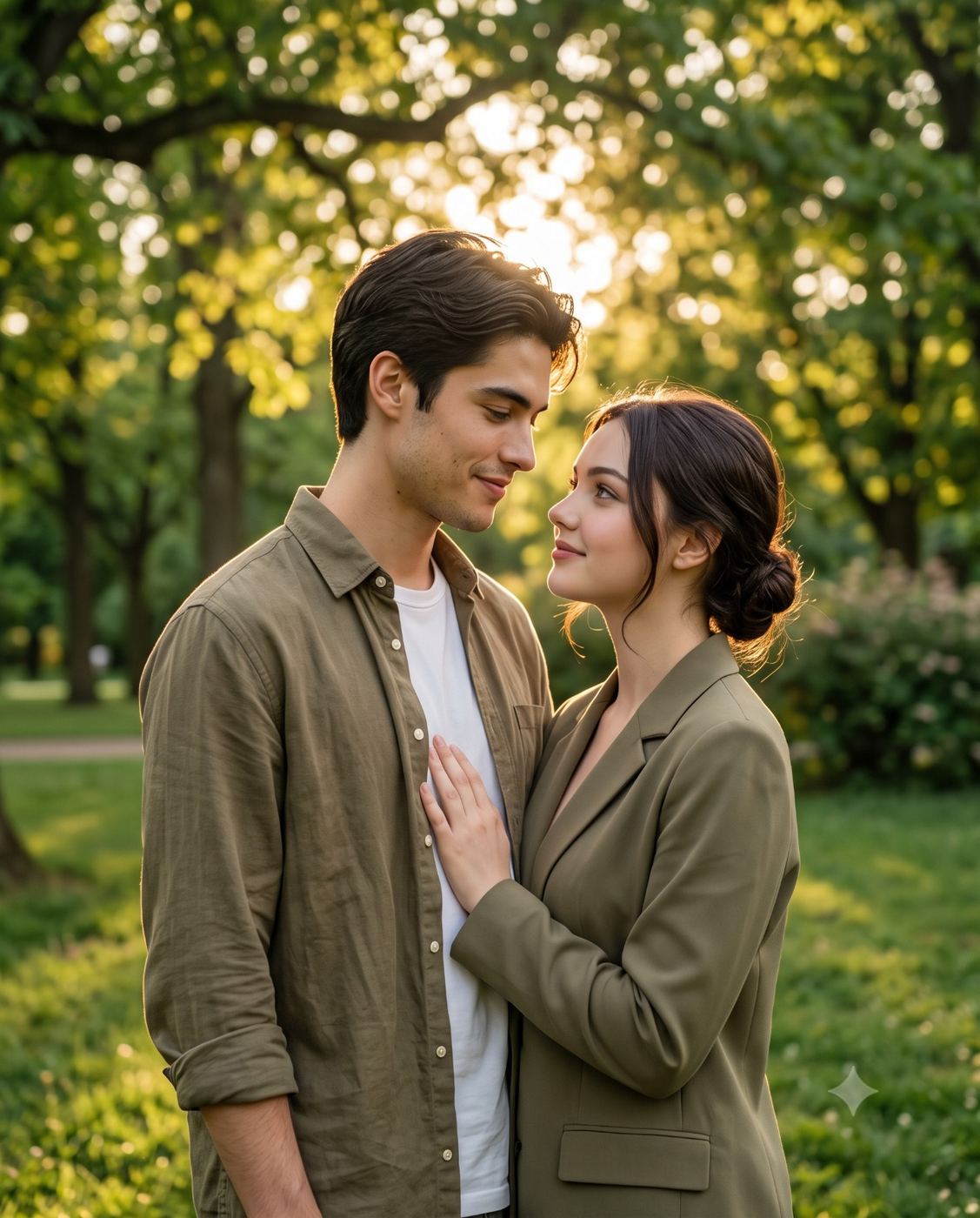Romantic Couple in Park Outdoor Portrait AI Photo Editing Prompt. AI generated romantic outdoor portrait of an affectionate couple in matching olive green outfits looking into each other's eyes during golden hour in a sunlit park.
