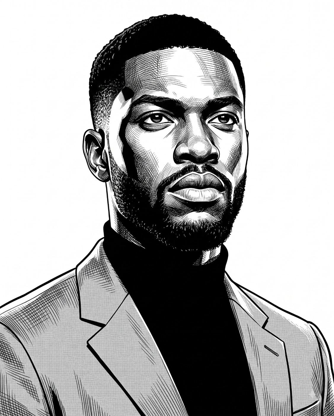 Black Man in Grey Suit and Turtleneck Vector Portrait AI Photo Editing Prompt. AI generated digital illustration portrait of a handsome man with styled hair and a full beard, wearing a grey suit over a black turtleneck.