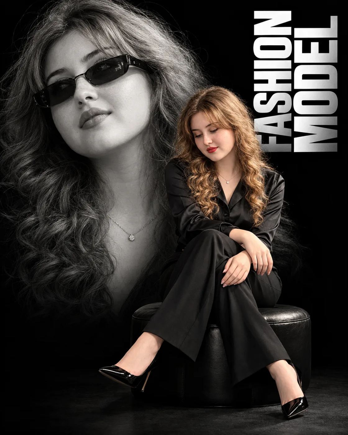 AI Photo Editing Prompt: Luxury fashion poster with bold typography, featuring a seated woman and a monochrome double exposure background face.
