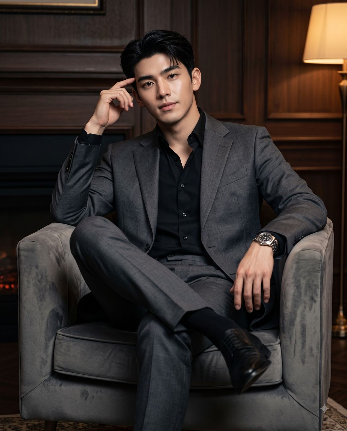 Cinematic portrait of an Asian man in a grey suit AI Photo Editing Prompt. AI generated realistic portrait of a confident businessman sitting relaxed in a grey armchair inside a dark wood-paneled room.