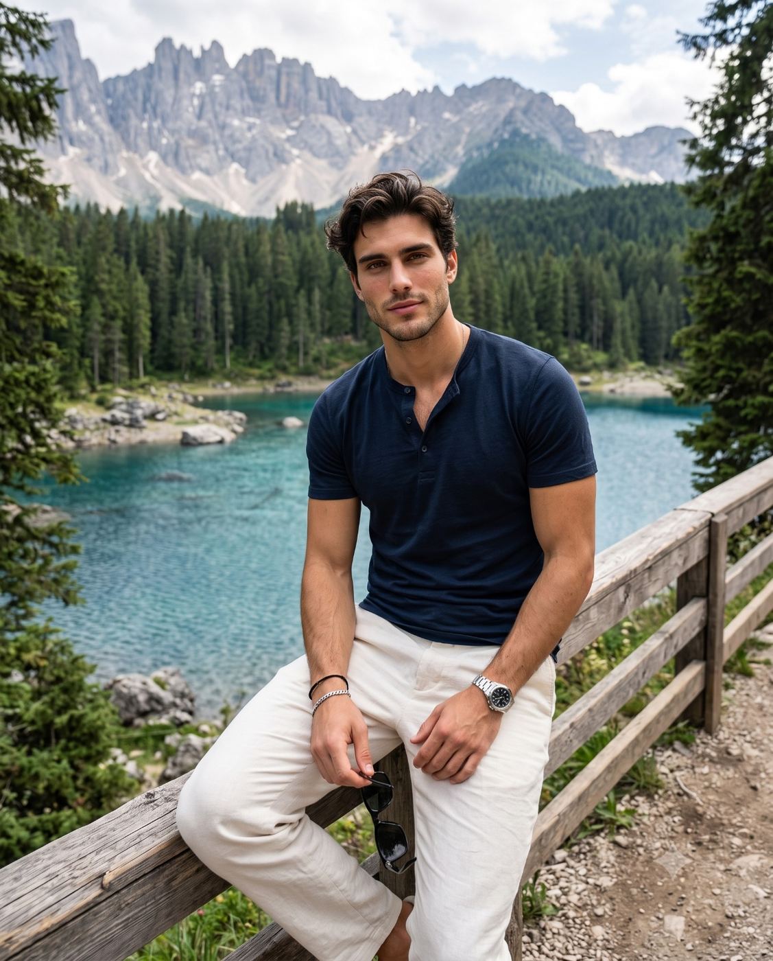 Handsome Man at Mountain Lake Outdoor Portrait AI Photo Editing Prompt. AI generated lifestyle portrait of a handsome young man in a navy blue henley shirt and white pants sitting on a rustic wooden fence against a stunning backdrop of a turquoise alpine lake, pine trees, and jagged mountain peaks.