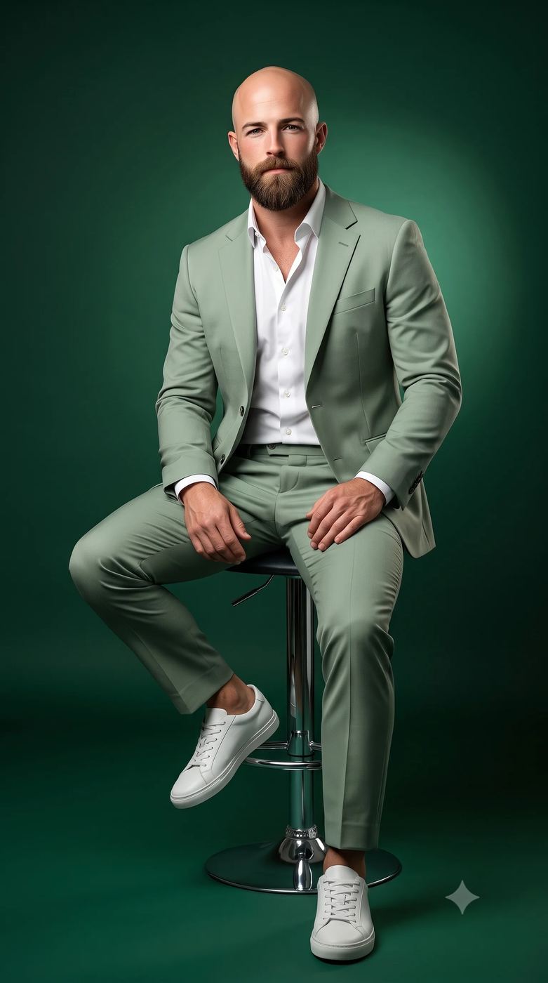 AI photo Editing Prompt: Bald bearded man in a sage green suit sitting on a stool against a dark green background.