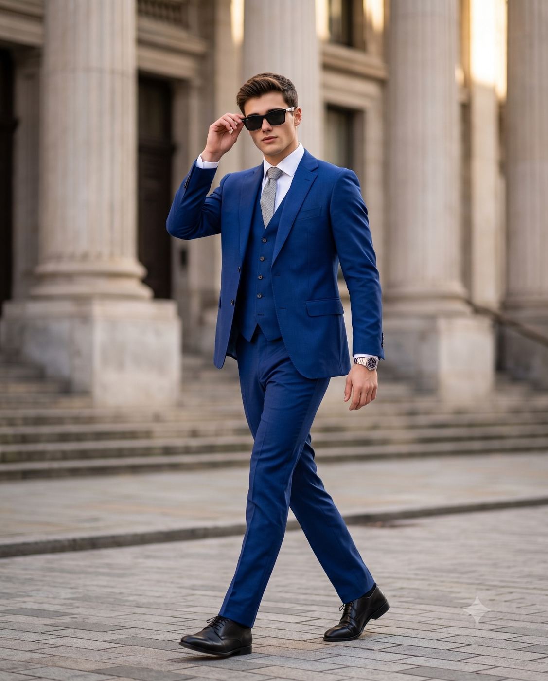 Man in Blue Suit Street Fashion Photography AI Photo Editing Prompt. AI generated fashion portrait of a handsome man in a blue three-piece suit and sunglasses walking near classic building pillars.