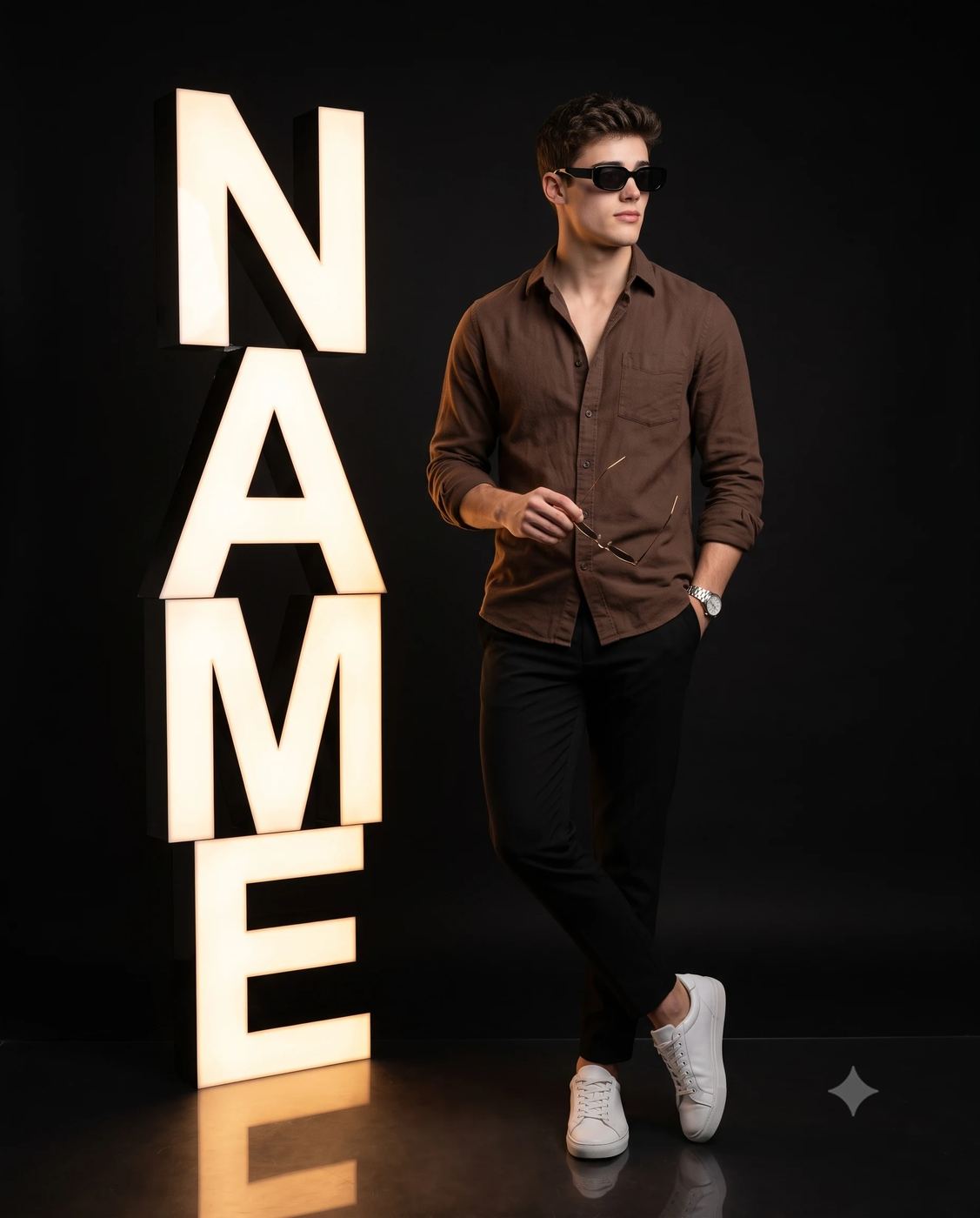 3D Glowing Typography Portrait AI Photo Editing Prompt. AI generated studio portrait of a man in sunglasses and a brown shirt standing beside large glowing letters spelling NAME.