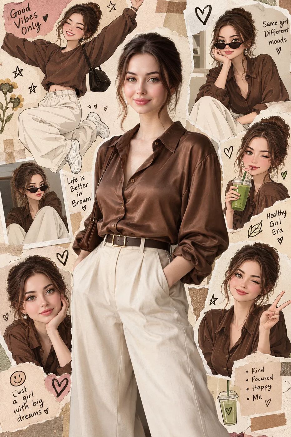 Aesthetic Scrapbook Collage AI Photo Editing Prompt. AI-generated illustration of a woman in a brown satin shirt and cream trousers surrounded by collage-style mood photos, hearts, and sticker text.