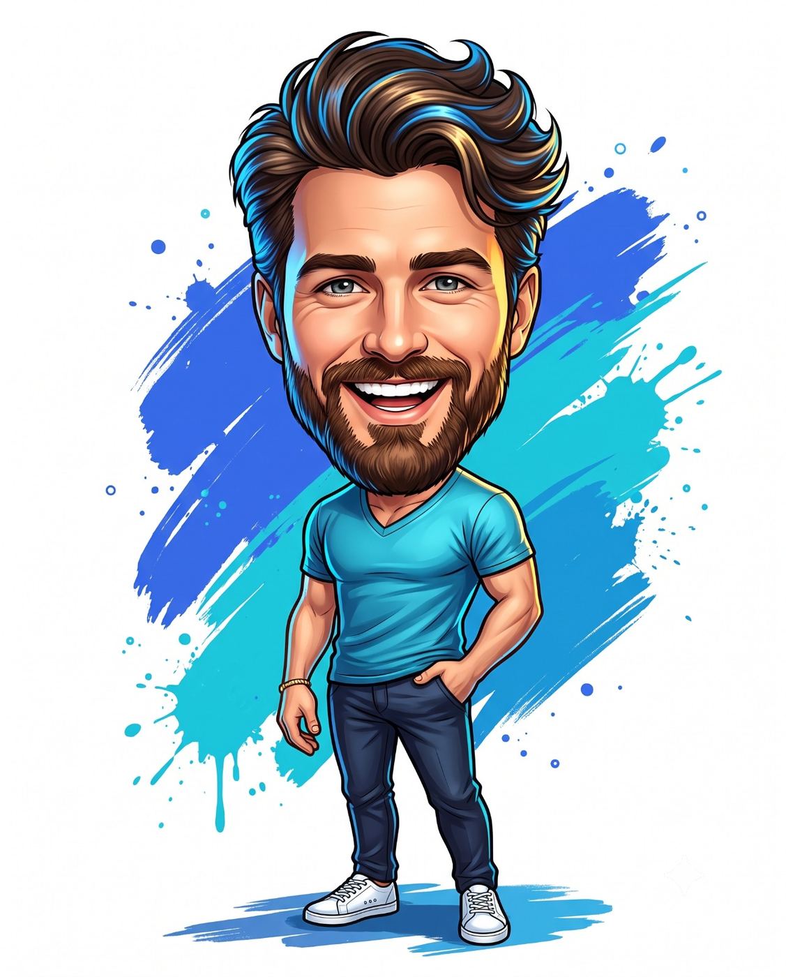 Smiling Bearded Man Caricature Illustration AI Photo Editing Prompt. AI generated digital caricature illustration of a cheerful bearded man in a blue t-shirt and jeans standing against a blue paint splash background.