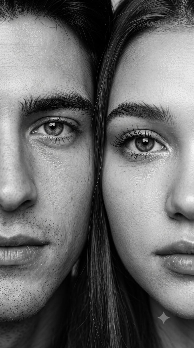 Close Up B&W Couple Portrait AI Photo Editing Prompt. AI generated macro portrait of a man and a woman showing highly detailed half faces side by side in monochrome.