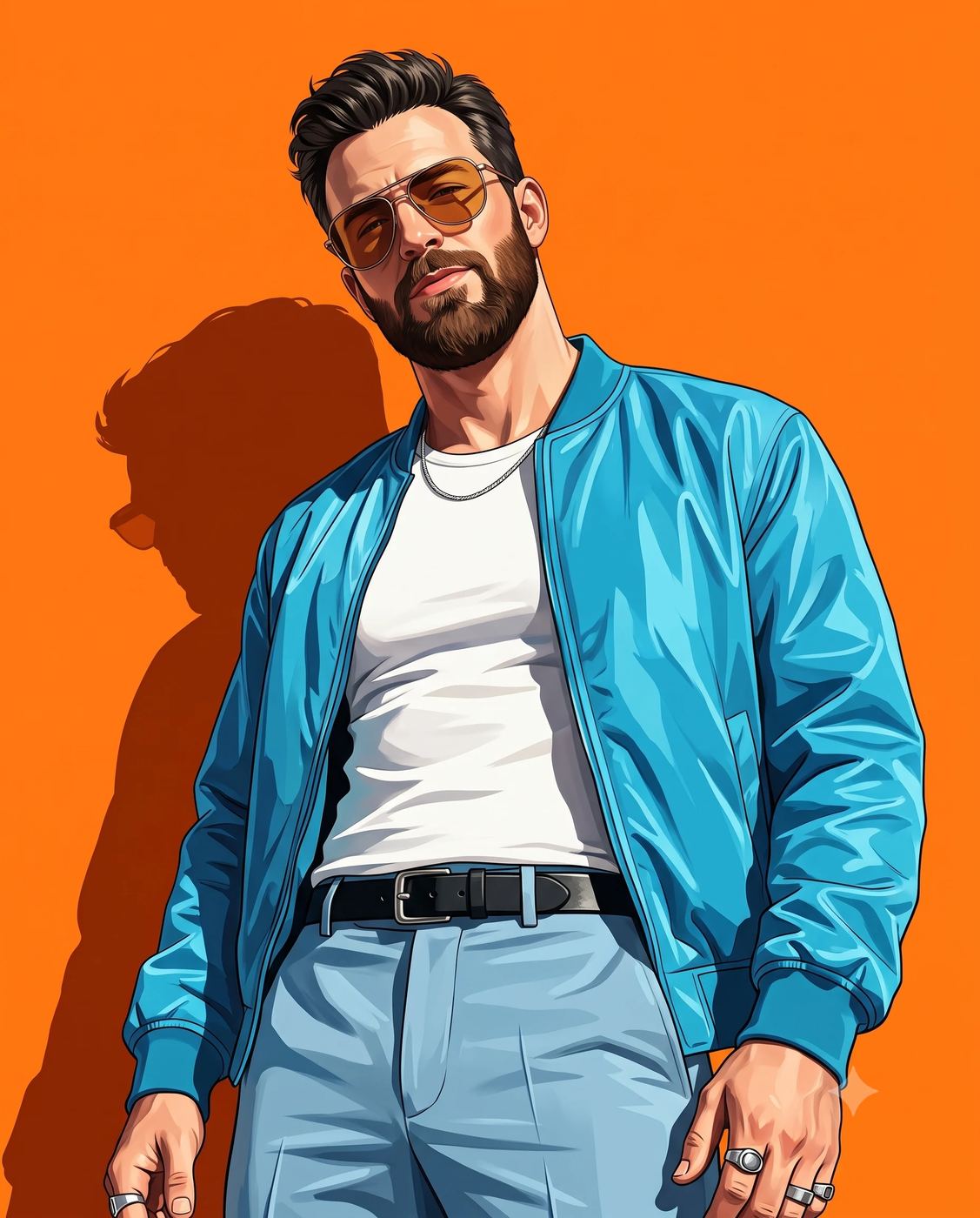AI Photo Editing Prompt: Editorial digital artwork of a stylish man in a cyan bomber jacket with strong hard directional sunlight.