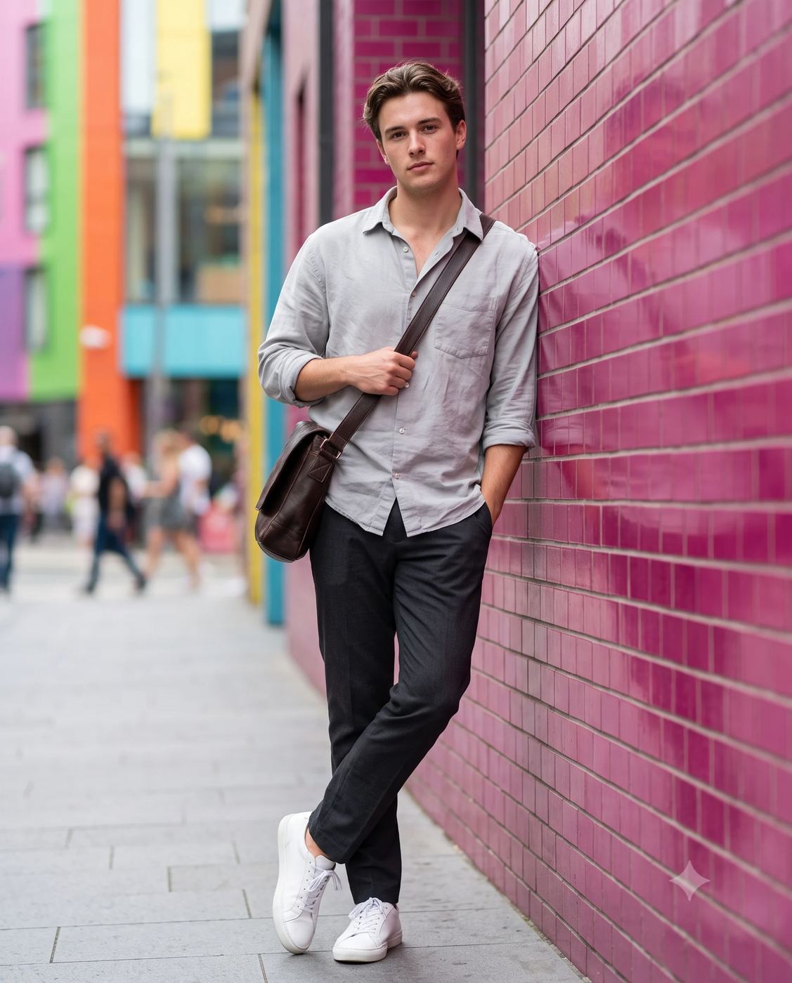 Urban Men Fashion Photography AI Photo Editing Prompt. AI generated street portrait of a stylish young man with a brown messenger bag leaning against a vibrant pink tiled wall.