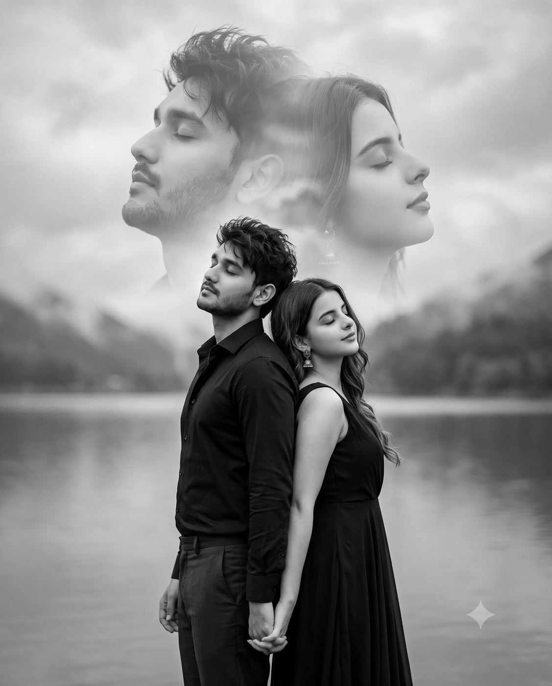 B&W Double Exposure Couple Portrait AI Photo Editing Prompt. AI generated conceptual double-exposure portrait of a B&W couple, eyes closed, holding hands back-to-back over a misty mountain lake with large faded ghost profile faces in the cloudy sky.