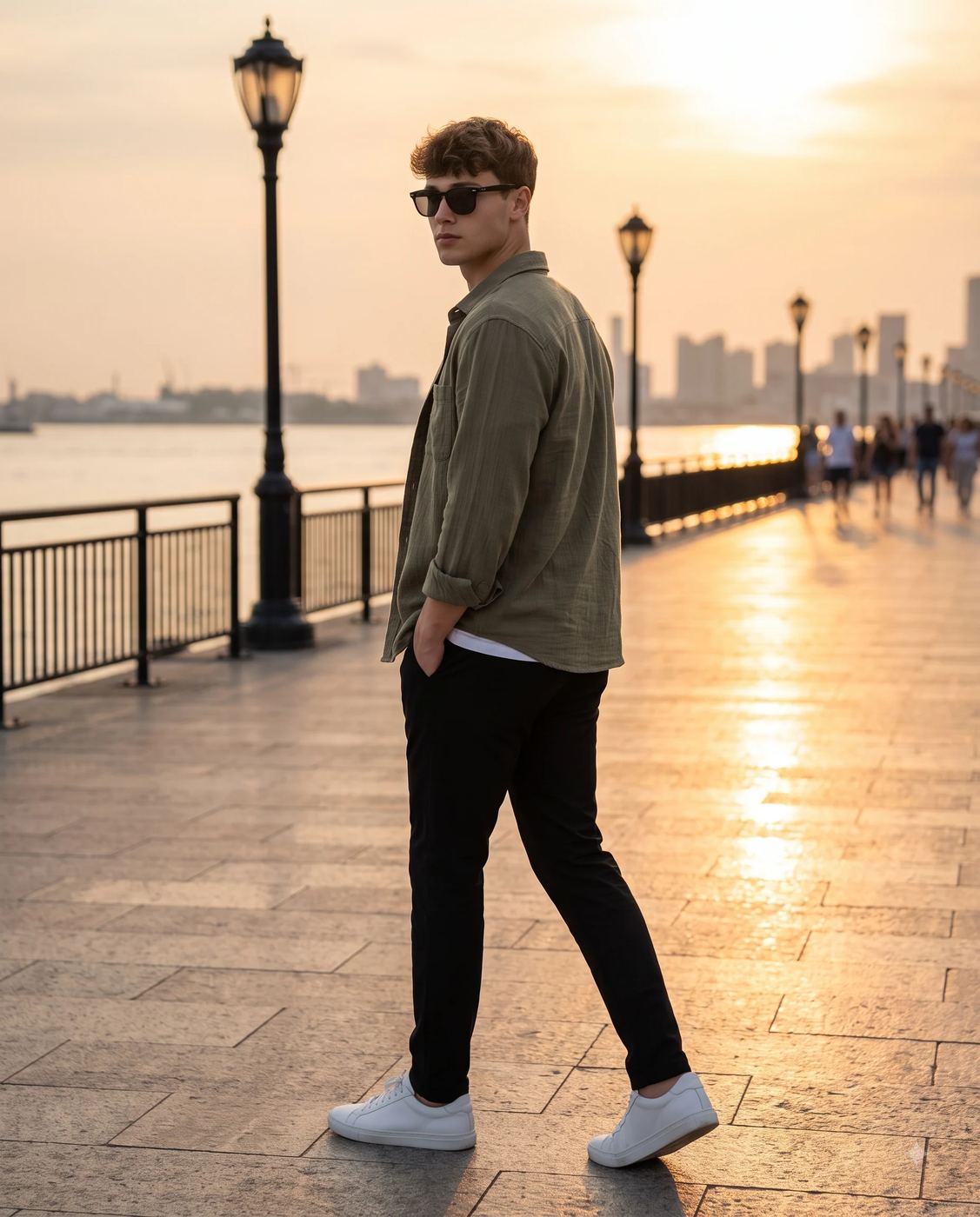 Golden Hour Street Style Photography AI Photo Editing Prompt. AI generated realistic portrait of a young man wearing sunglasses and an olive green shirt, walking and looking back on a city waterfront promenade at sunset.