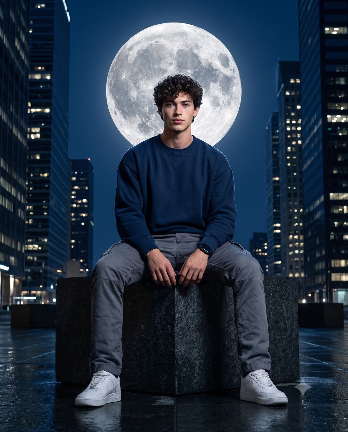 Aesthetic Moon Halo City Portrait AI Photo Editing Prompt. AI generated surreal portrait of a young man in a blue sweater sitting on a block in a night cityscape with a massive full moon.