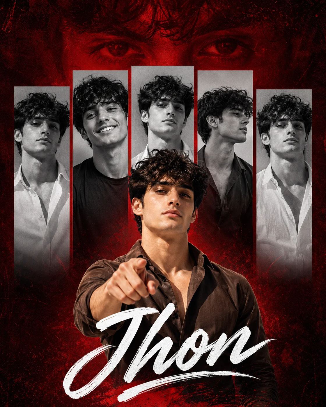 Dramatic character collage poster ChatGPT AI Prompt. AI generated cinematic poster of a curly-haired young man pointing forward against a dark red background featuring multiple portrait panels and the word Thon.