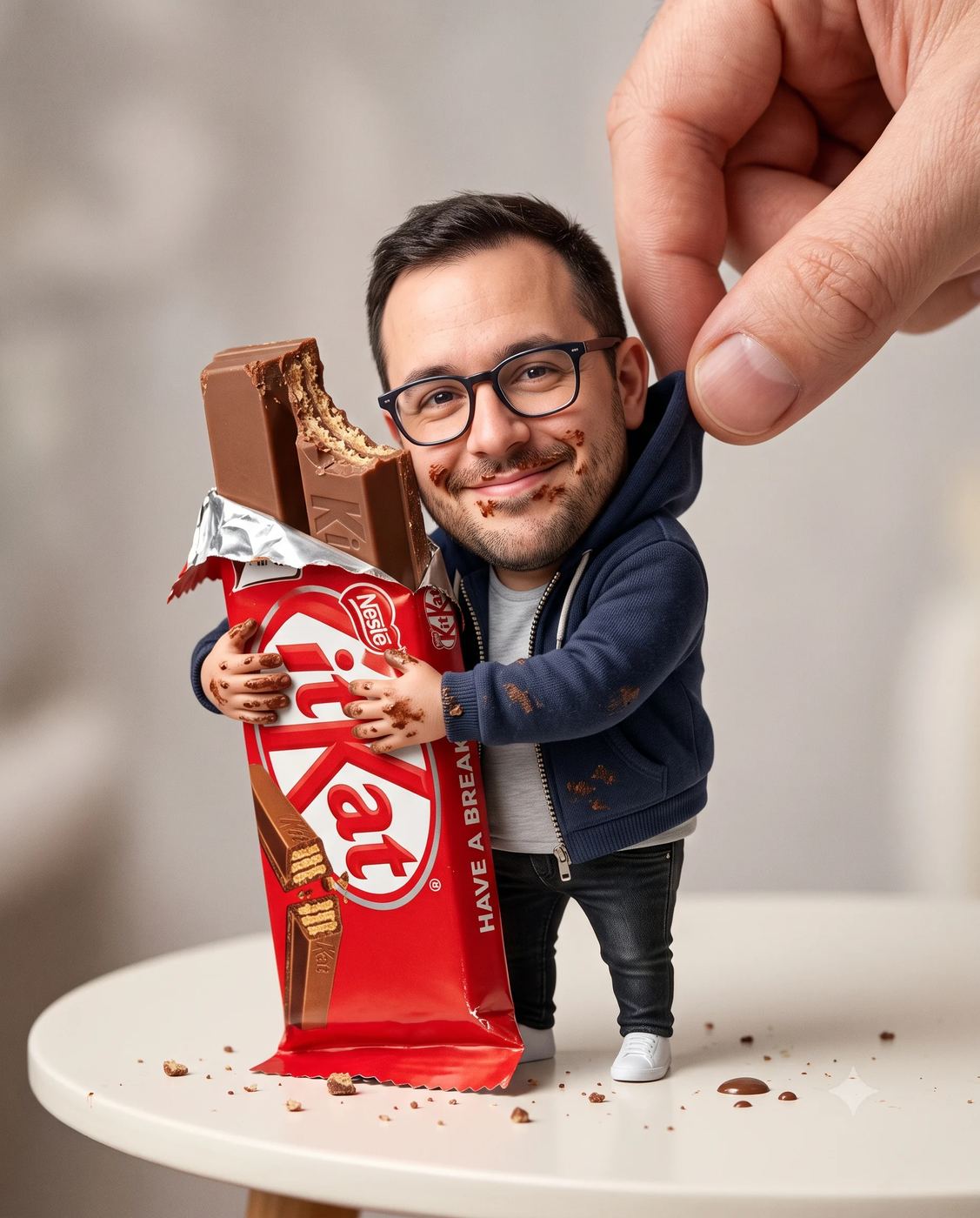 Miniature Kit Kat Scene AI Photo Editing Prompt.
AI generated Whimsical Conceptual Product Art of a smiling, miniature man with glasses and messy chocolate on his face, holding a giant Kit Kat bar while being lifted by a large human hand.