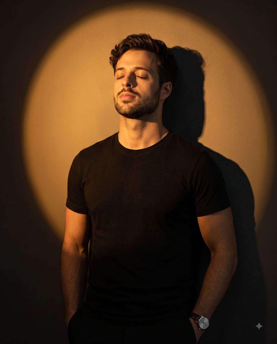 Man in Black T-Shirt Under Golden Spotlight AI Photo Editing Prompt. AI generated cinematic portrait of a bearded man with eyes closed, leaning against a wall illuminated by a warm circular spotlight, wearing a black t-shirt and wristwatch.