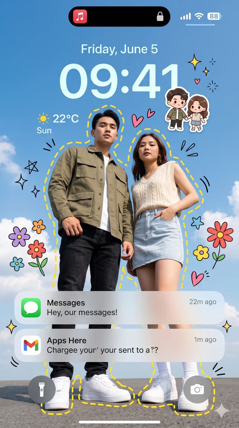 Couple on Doodle iPhone Lock Screen AI Photo Editing Prompt. AI generated photo-illustration mockup of a young Asian couple on a personalized iPhone wallpaper design with hand-drawn star, heart, and floral doodles.