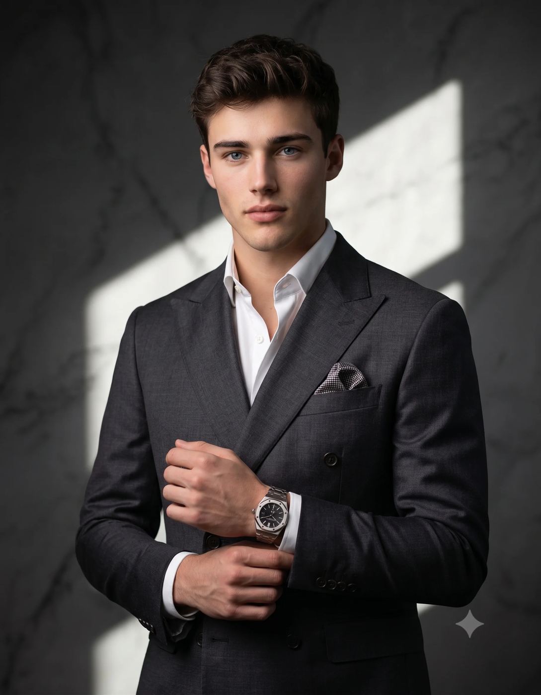 Luxury Fashion Portrait AI Photo Editing Prompt. AI generated studio portrait of a handsome man in a double-breasted charcoal suit adjusting his luxury watch.
