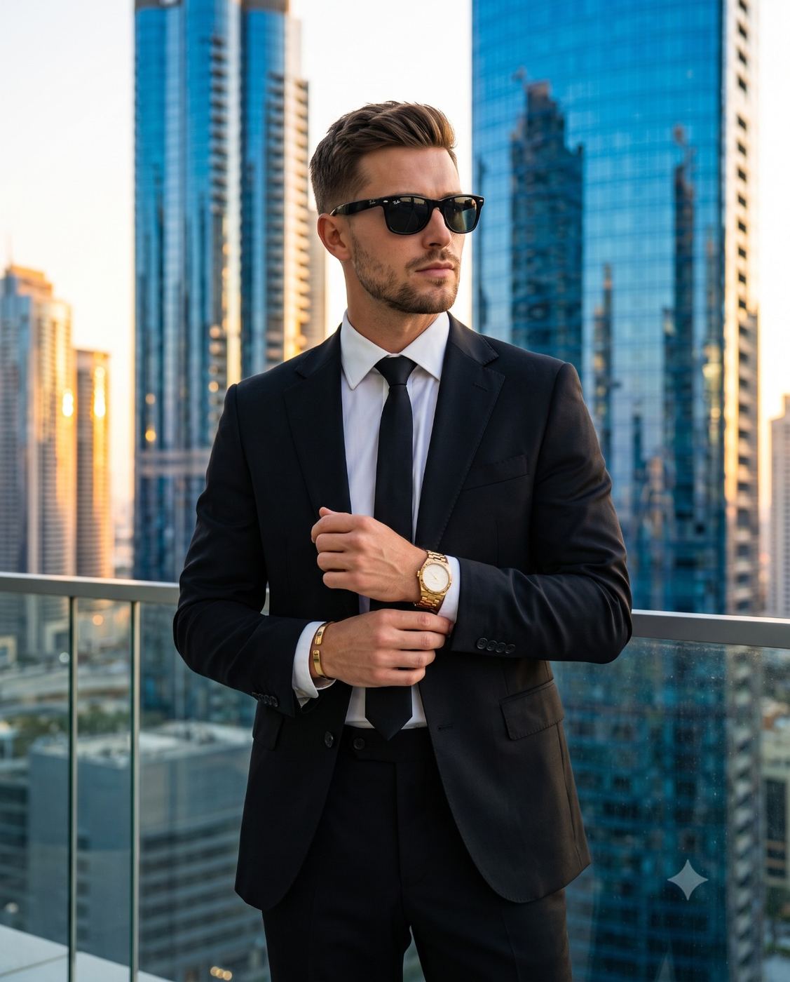 Businessman in Suit Urban Portrait AI Photo Editing Prompt. AI generated urban portrait of a man in a black suit, tie, sunglasses, and gold watch on a city balcony.
