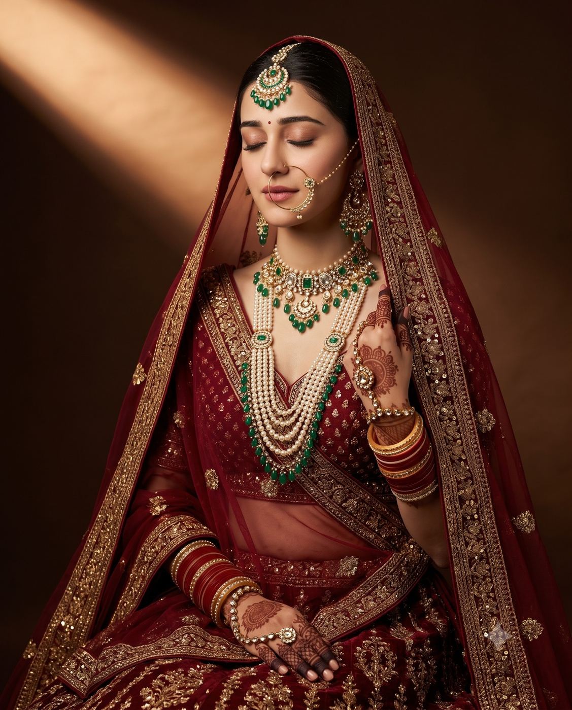 Traditional Indian Bride in Red Lehenga AI Photo Editing Prompt. AI generated portrait of a serene woman with closed eyes adorned in an embroidered red outfit, intricate henna, and heavy emerald and pearl jewelry.