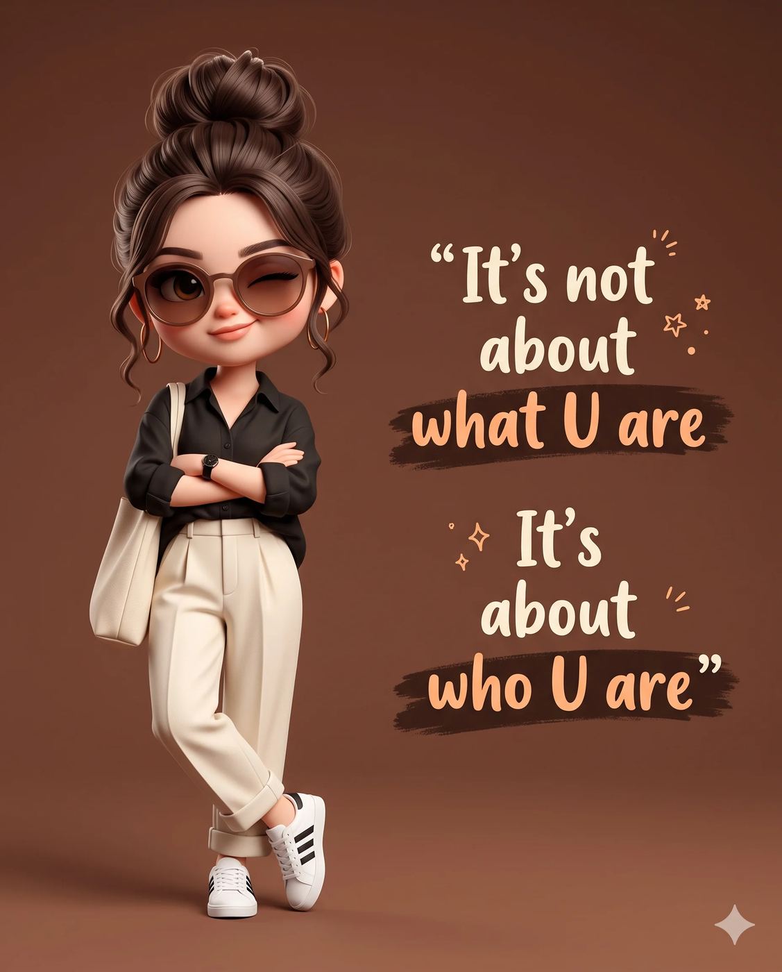 AI Photo Editing Prompt: 3D chibi girl winking in round brown sunglasses with a messy bun, black shirt, cream trousers and tote bag, beside a motivational quote on a chocolate-brown poster