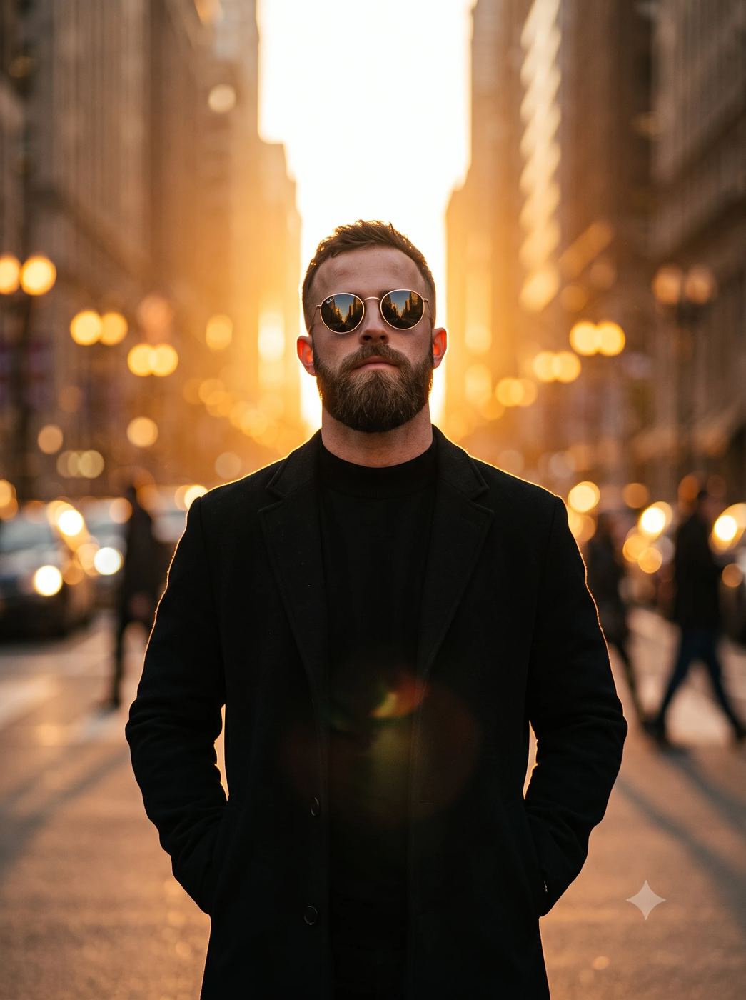 AI Photo Editing Prompt: Street style picture of a bearded man wearing a black overcoat and mirrored sunglasses standing on a city avenue with a glowing sunset background.
